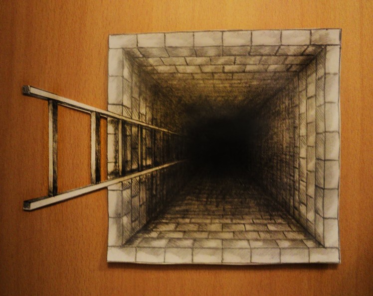 How to draw - one point perspective, 3d illusion, pit, hole with ladder