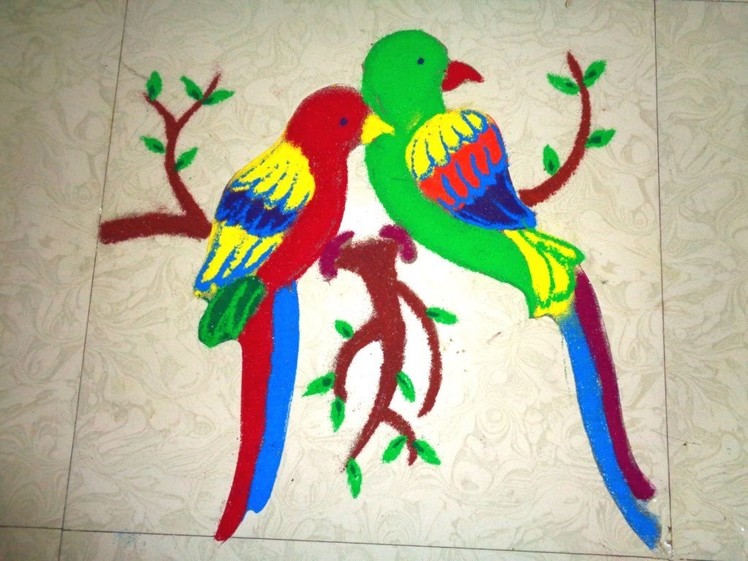 How to make 3D twins parrot rangoli