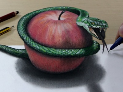 3D Trick Art on Paper   Snake and apple