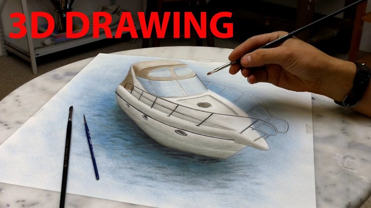 Drawing of an Yacht in 3D. Speed Painting (trick art)
