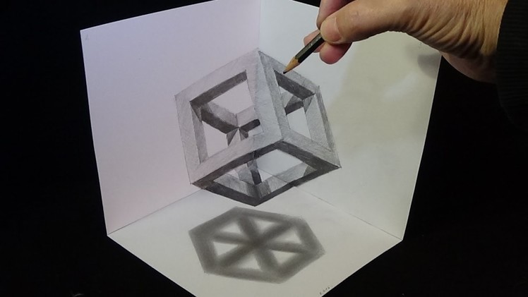 Corner Art, Drawing Cube with Pencil in 3D