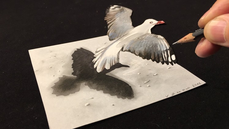 Drawing a 3D Flying Bird, Trick Art