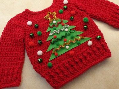 CROCHET How To #Crochet Cute Baby Ugly Christmas Sweater 0-3m, 3-6m, 6-12m TUTORIAL #355