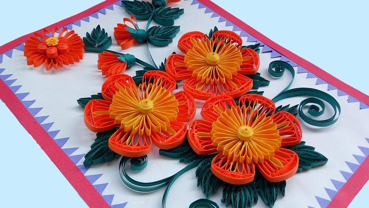 ☑️ Paper Quilling Art ❤ How to make Beautiful Quilling Orange. Yellow Flower design Greeting Card