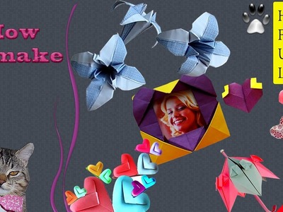 Easy origami for children. Heart, flowers, trash can, umbrella and origami lifehack