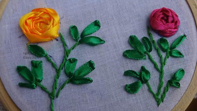 Hand Embroidery Satin Ribbon Rose Flower Design by Amma Arts