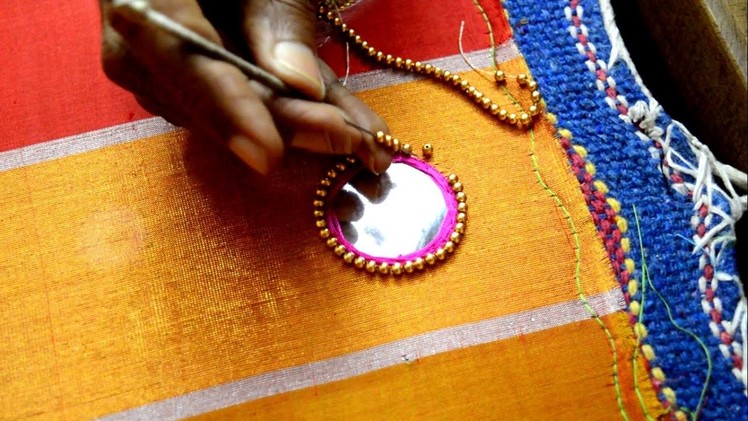 Making of Mirror work with Golden Beads Outlining - Maggam work making video