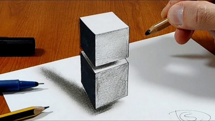 Try to do 3D Trick Art on Paper,2 floating cubes