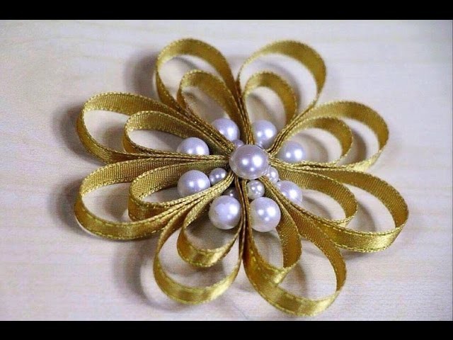 DIY Ribbon flower with beads | Folded Flower Christmas Tree Ornament