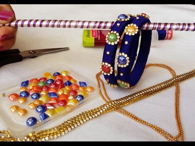 How to make silk thread fancy bangles with multi colour kundans at home easy and simple | DIY