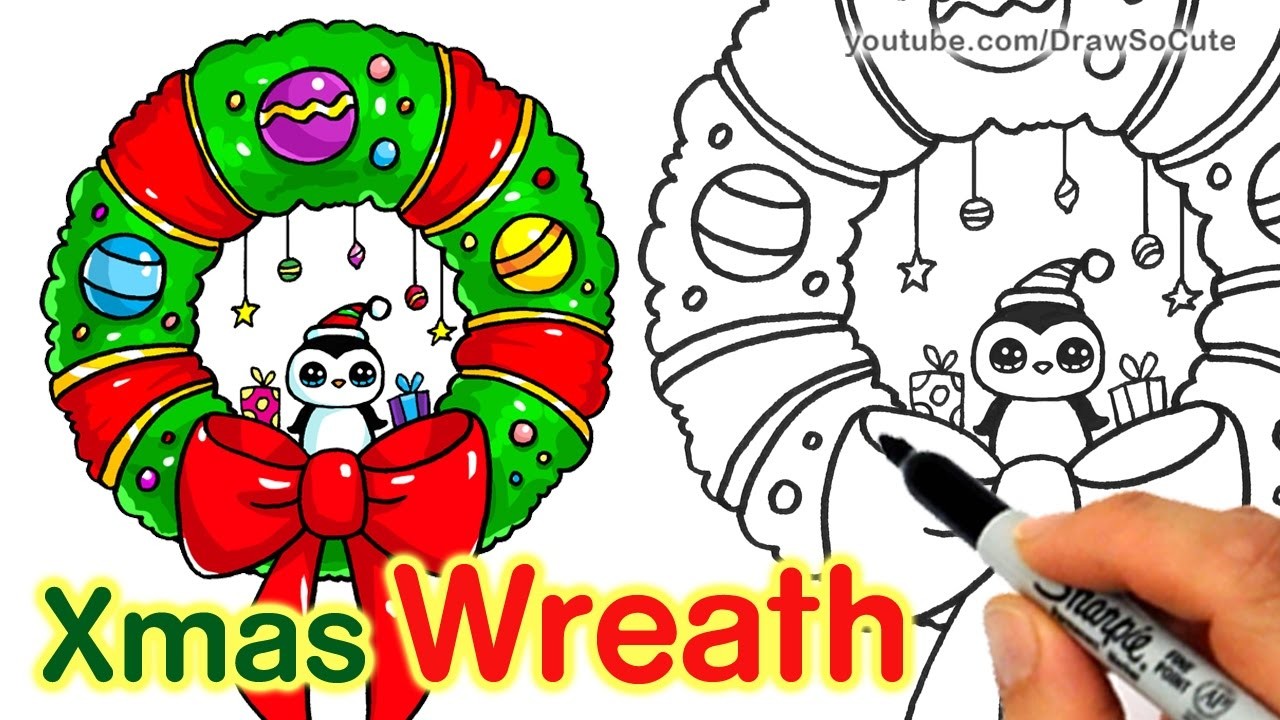 How To Draw A Christmas Wreath And Bow Step By Step Easy And Cute