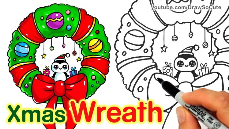How to Draw a Christmas Wreath and Bow step by step Easy and Cute