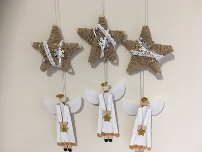 2 DIY popsicle christmas ornaments, Angels & Jute twine stars