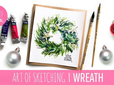 Christmas DIY card: Cute Christmas Wreath illustration with Watercolor