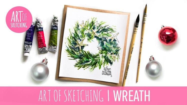 Christmas DIY card: Cute Christmas Wreath illustration with Watercolor