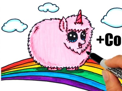How to Draw + Color Pink Fluffy Unicorn Dancing on Rainbow step by step