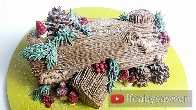 Chocolate Yule log cake. Buche de Noel tutorial & recipe - Christmas cake decorating