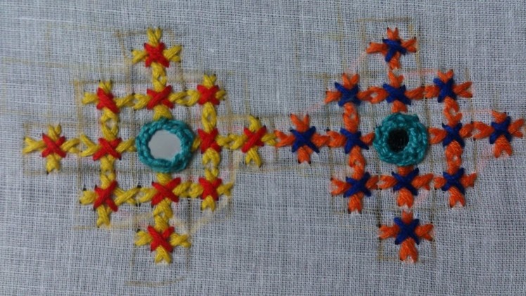 Hand embroidery designs. Hand embroidery stitches tutorial. Mirror work with paschis stitch.