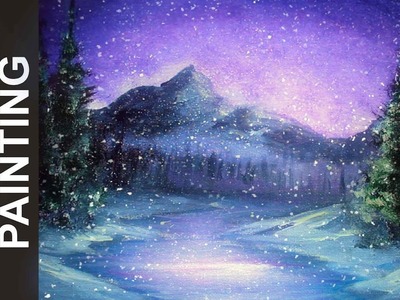 Painting a Snowy Winter Night Landscape with Acrylics in 10 Minutes!