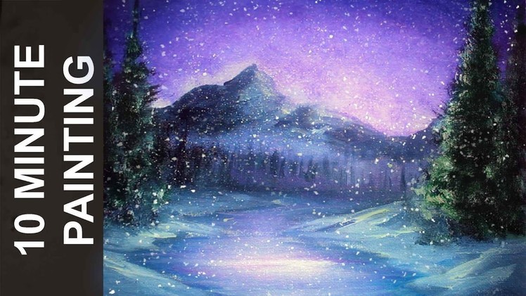 Painting a Snowy Winter Night Landscape with Acrylics in 10 Minutes!