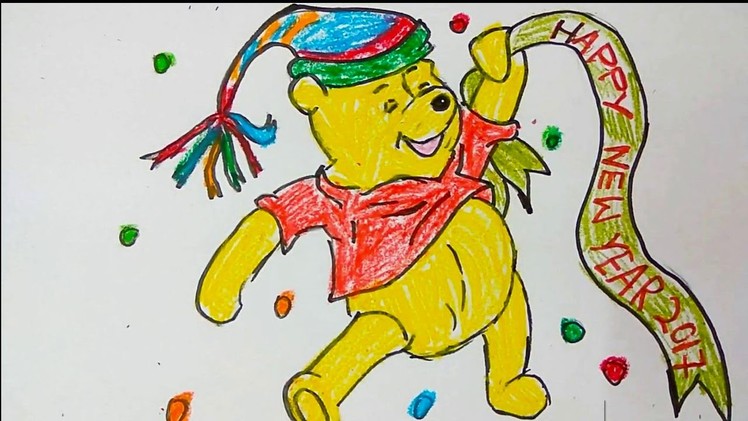 Winnie the pooh wishing new year greeting card, how to draw new year greeting card