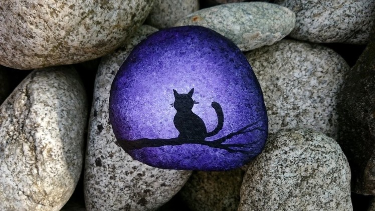 Cat on branch -- Silhouette painting on rock -- SPEED ACRYLIC  PAINTING