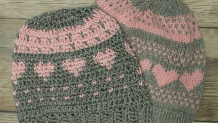 Crochet Knit Stitch Hat with Hearts ( Video 2 )