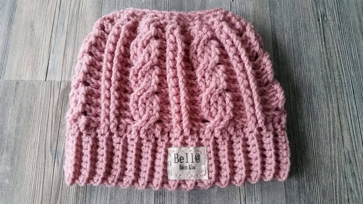 Crocheted Cabled Messy Bun Hat