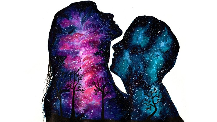 Galaxy Love - Double Exposure Speed Painting [Watercolor & Gouache]