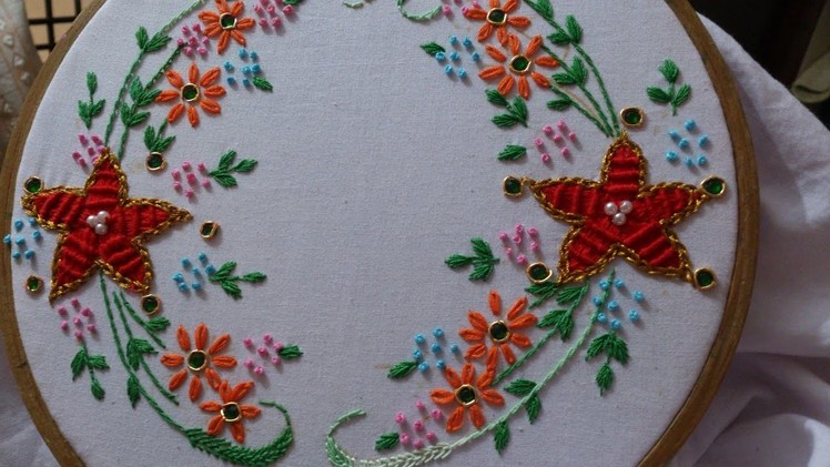 Hand embroidery designs. spider web stitch, closed fly stitch,lazy daisy, satin sttich.