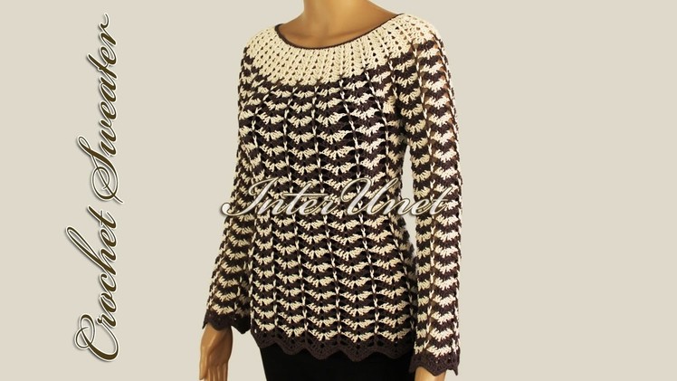 Sweater pullover with long sleeves – crochet pattern with two colors combination
