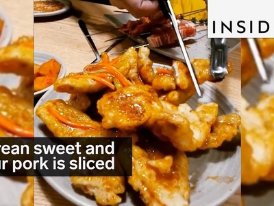 The Korean version of sweet and sour pork is sliced into strips