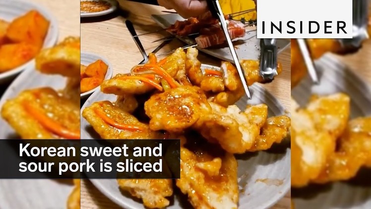 The Korean version of sweet and sour pork is sliced into strips