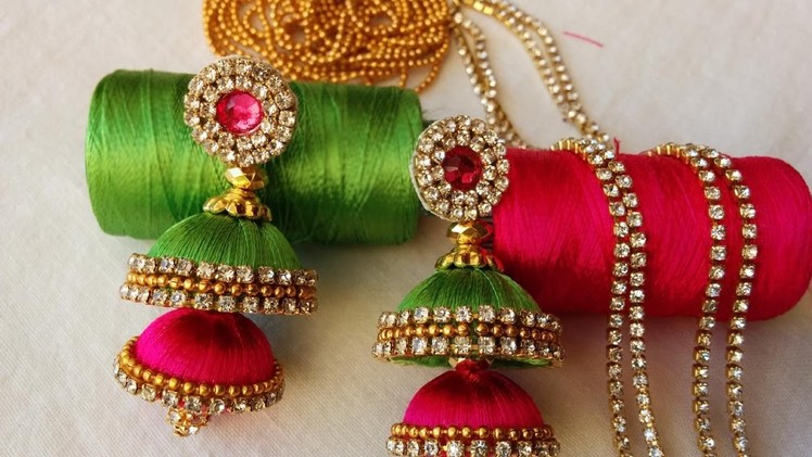 Making of double butta silk thread jhumkas with pink kundans | Fancy item silk thread jhumkas