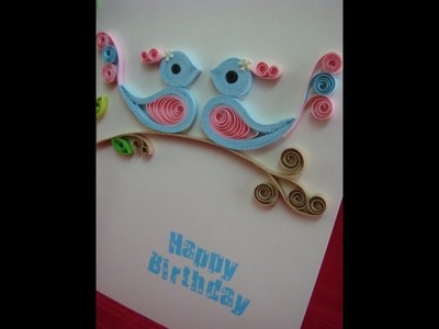 Blue and pink quilled birds birthday card with pop up cake