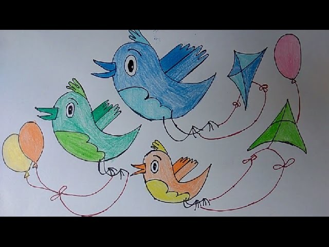 Bird Balloon kites poster drawing, How to Draw Flying Birds, birds flying kites kids art