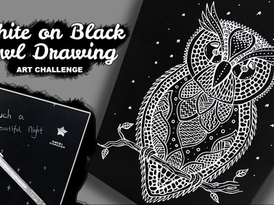 How to Draw Owl - White on Black Paper Drawing in Zentangle Style
