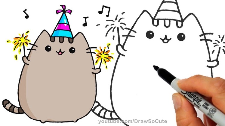 How to Draw Pusheen Cat for New Years Celebration step by step Easy