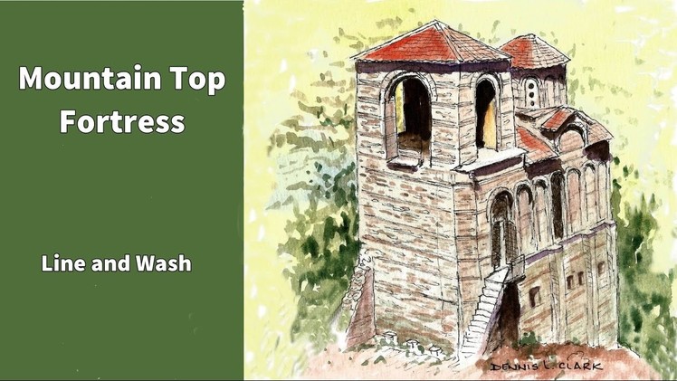 Line and wash watercolor painting tutorial -  how to draw and paint a mountain top fortress