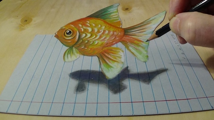 Drawing Goldfish on Lined Paper, Anamorphic Art