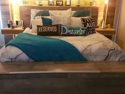 DIY Pallet Bed. Custom made, rustic, storage, King Bed, TV lift