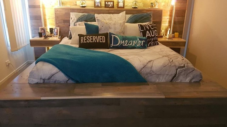 DIY Pallet Bed. Custom made, rustic, storage, King Bed, TV lift
