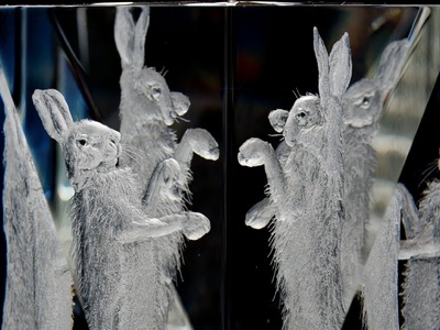 Glass Engraving by Lesley Pyke - March Hares on crystal block