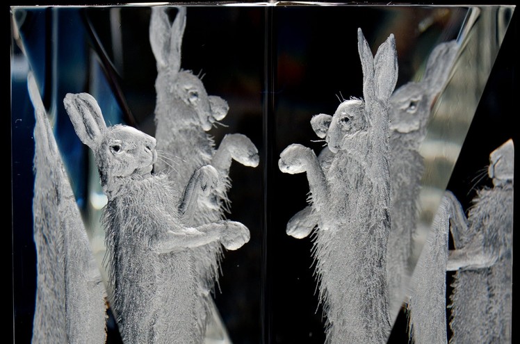 Glass Engraving by Lesley Pyke - March Hares on crystal block
