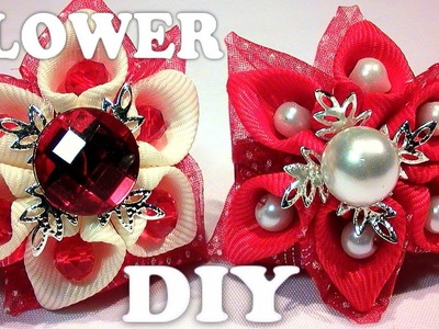 DIY ribbon flower. DIY flower with beads, kanzashi