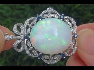 GIA Certified Natural Ethiopian Opal Blue Sapphire Diamond 18k Pendant Brooch Necklace - C836