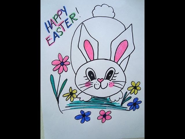 How to Draw, Easter BUNNY IN the FLOWERS, cards, signs, window decoration