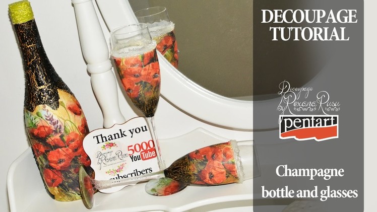 Decoupage on bottle and glases   thank you 5000 subscribers decoupage tutorial