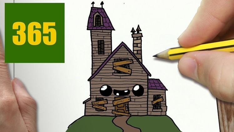 HOW TO DRAW A HAUNTED HOUSE CUTE, Easy step by step drawing lessons for kids