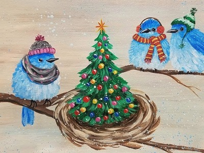 Christmas Bluebirds in Winter Hats Acrylic Painting Tutorial LIVE